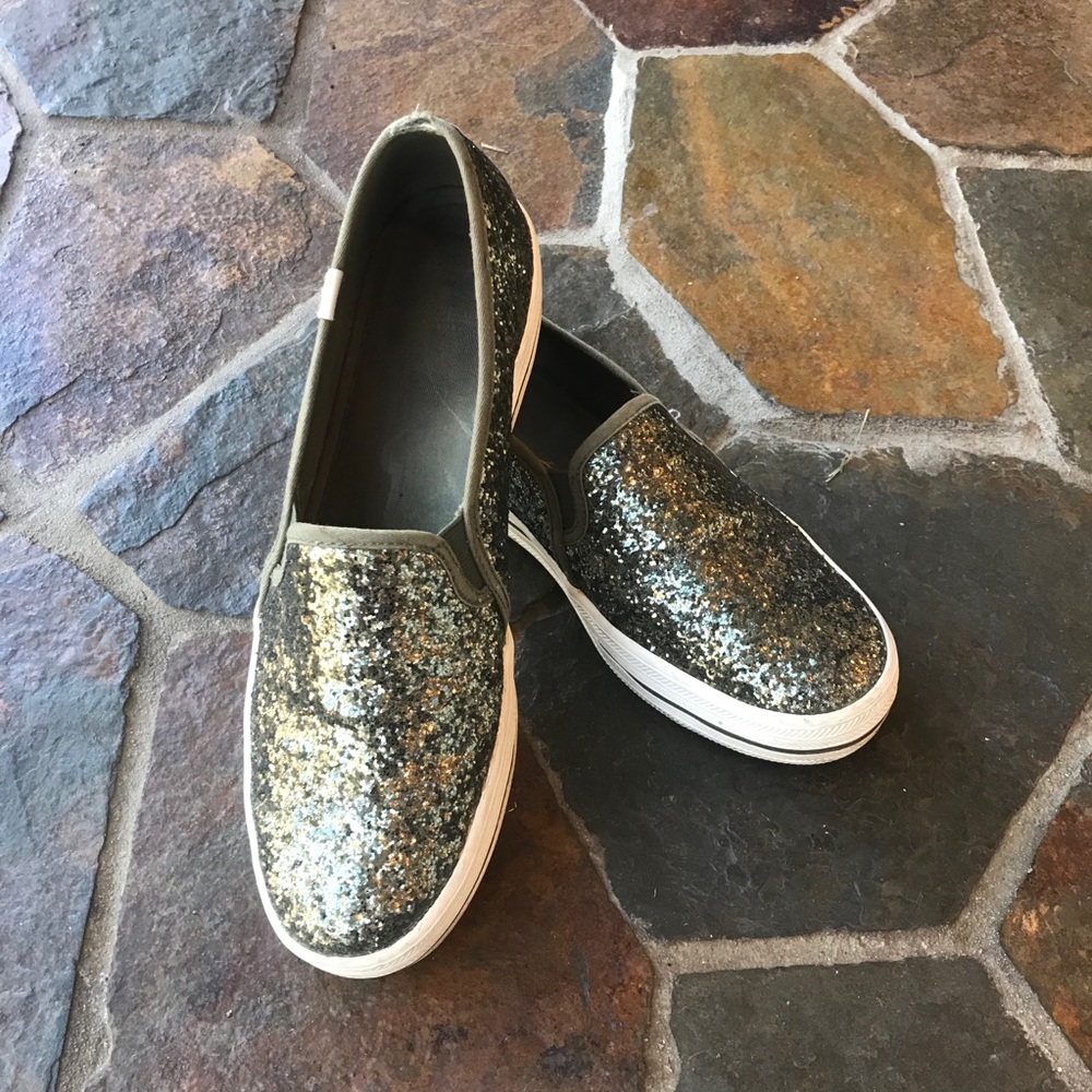 Keds x Kate Spade 9 green glitter slip sneakers